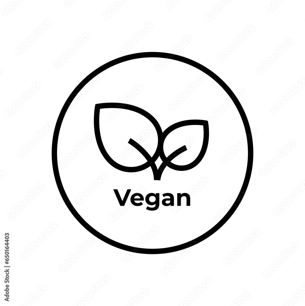 Vegan diet icon. Organic, bio, ecological symbol. Healthy, fresh and non-violent food. Vector line black circular illustration with leaves for labels, tags and logos