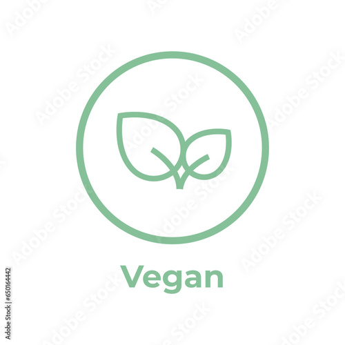 Vegan diet icon. Organic, bio, ecological symbol. Healthy, fresh and non-violent food. Vector line green circular illustration with leaves for labels, tags and logos