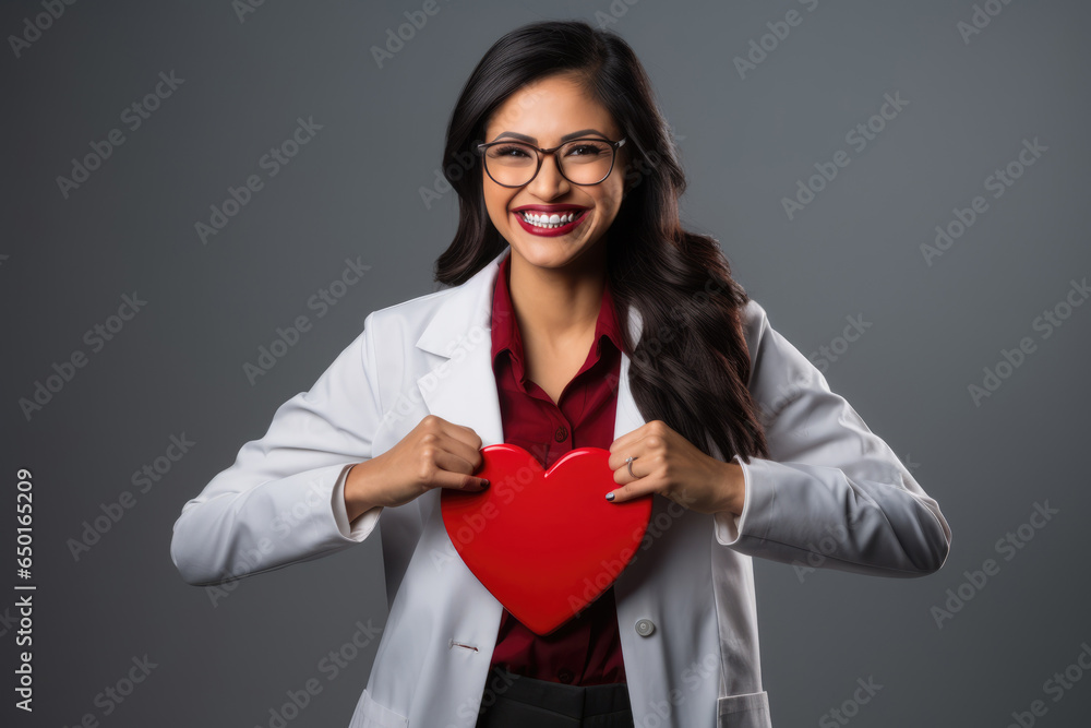 medicine, healthcare and cardiology concept - smiling female doctor with red heart on grey background medicine, healthcare and cardiology concept - smiling female doctor with red heart on grey background