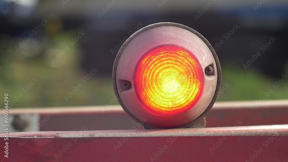 Flashing Red Signal Light on Railway Level Crossing Barrier CloseUp Stock Photo Adobe Stock