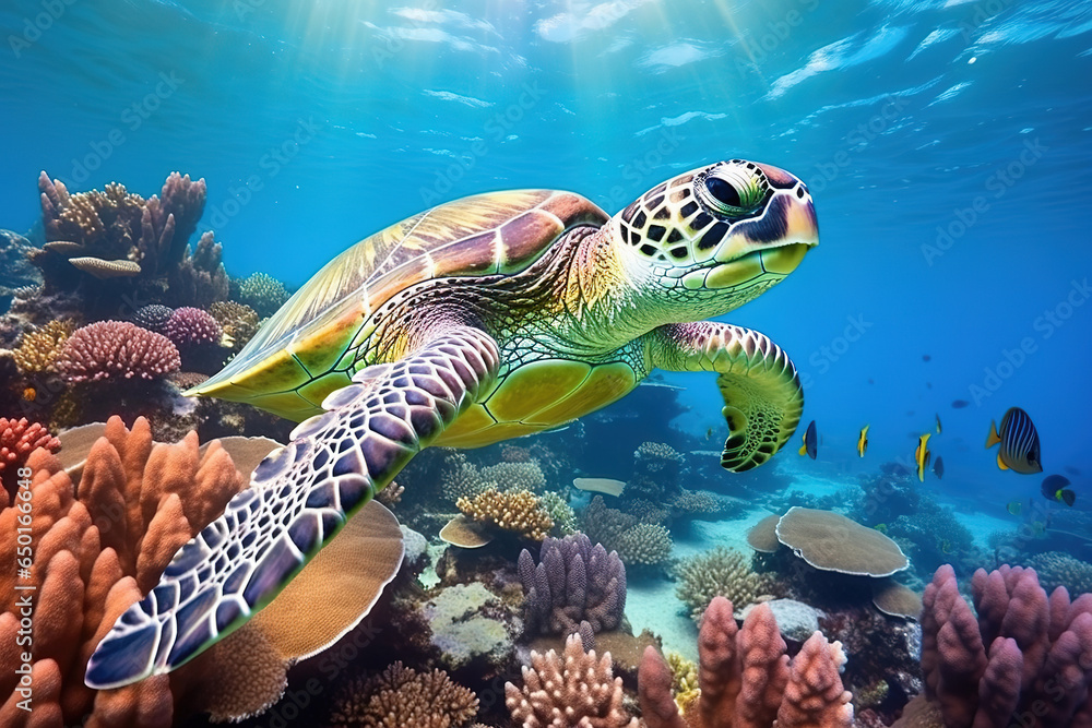 Obraz premium Sea turtle close-up over a coral reef in the Maldives. Travel and vacation background.