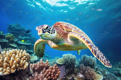 Sea turtle close-up over a coral reef in the Maldives. Travel and vacation background. © arhendrix