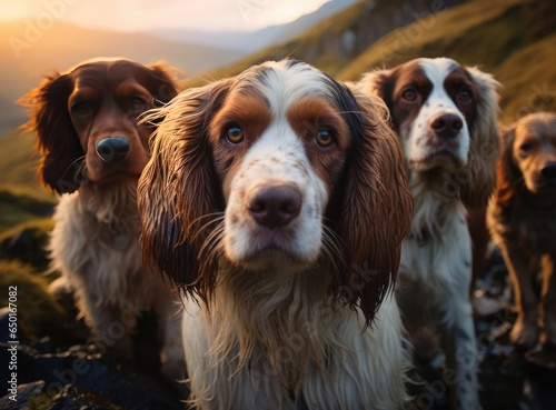 A group of spaniels looking at the camera © cherezoff