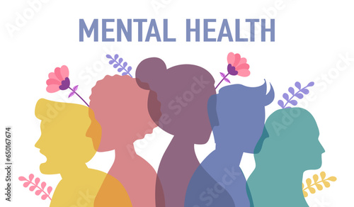 Mental health awareness month concept vector illustration. Silhouette of human head in flat design.