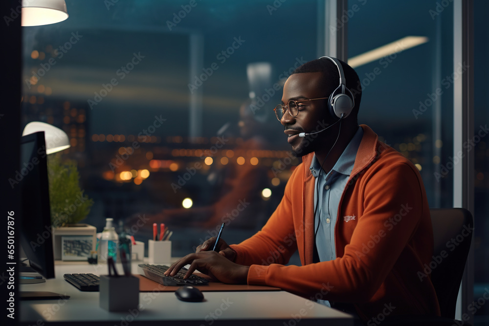Telemarketer, sales agent on the phone wears a wireless headset, talks, consults an online customer on a computer, an African man hotline operator works in a customer support office. - obrazy, fototapety, plakaty 