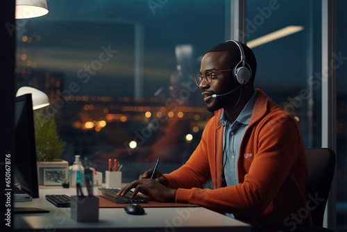 Telemarketer, sales agent on the phone wears a wireless headset, talks, consults an online customer on a computer, an African man hotline operator works in a customer support office. photo