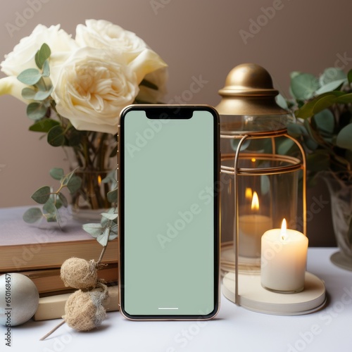 Maquette de smartphone vert avec fleurs et bougie
