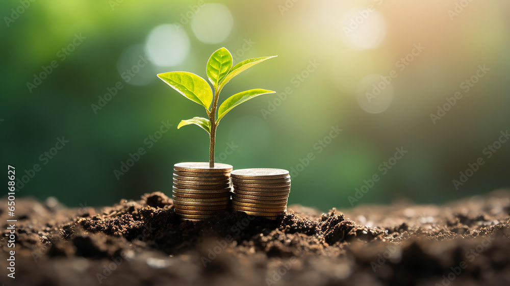 The tree grows on stacked coins on the soil with blur nature background - obrazy, fototapety, plakaty 