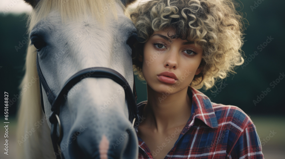 Rural farm girl with pouty red lips adorable natural curly wild hair