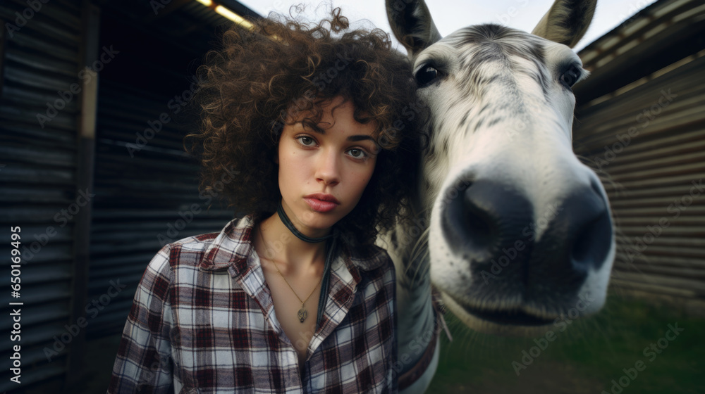 Rural farm girl with pouty red lips adorable natural curly wild hair