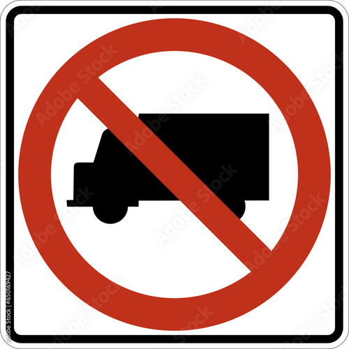 Vector graphic of a usa No Trucks MUTCD highway sign. It consists of a red circle with a red diagonal bar obscuring the silhouette of a truck contained in a white rectangle