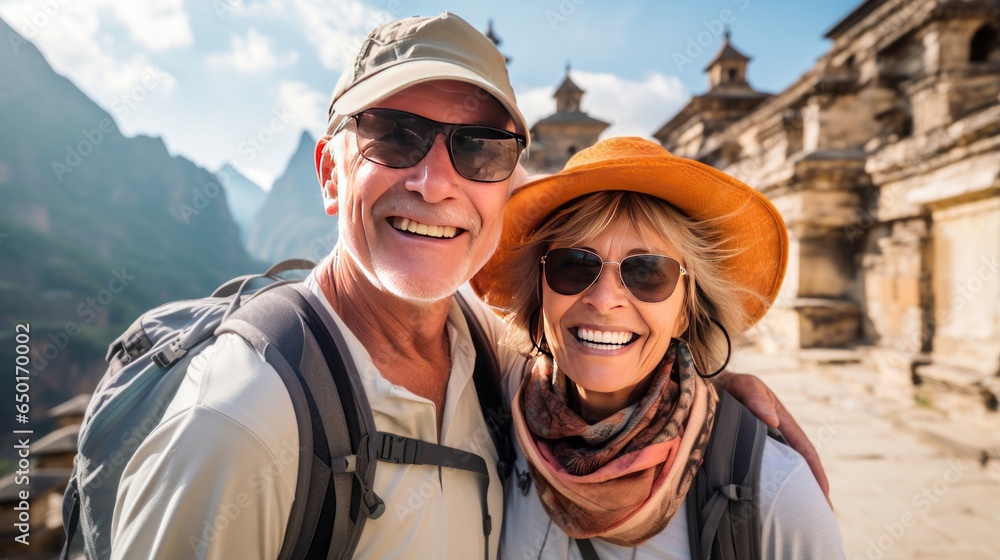 European senior tourist couple, marveling at the remarkable architectural landmarks. Exploring the cultural treasures together. Generative ai. European senior tourist couple, marveling at the remarkable architectural landmarks. Exploring the cultural treasures together. Generative ai.
