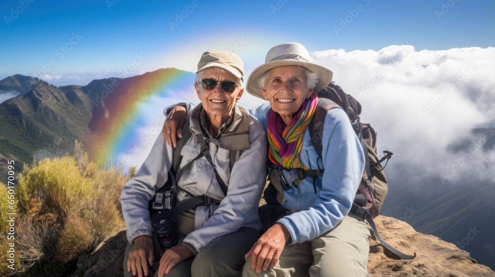 Two joyful senior ladies, savoring their tourist journey while enjoying the majestic canyon vistas. Generative ai