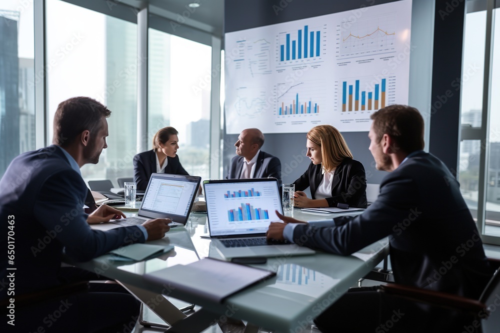 Business people group meeting in office. Professional businesswomen, businessmen, and office workers work in team conferences with project planning documents on the meeting table.