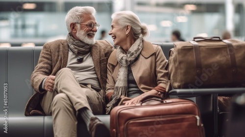 Senior couples, sporting neutral attire, read while they wait for their flight check-in at the modern airport.
