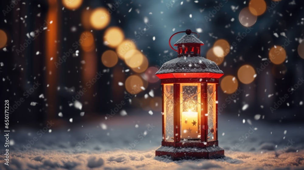 Mock up with Christmas lantern on blurred winter snowy background. Christmas and New Year decoration, background for presentation or showcase Mock up with Christmas lantern on blurred winter snowy background. Christmas and New Year decoration, background for presentation or showcase