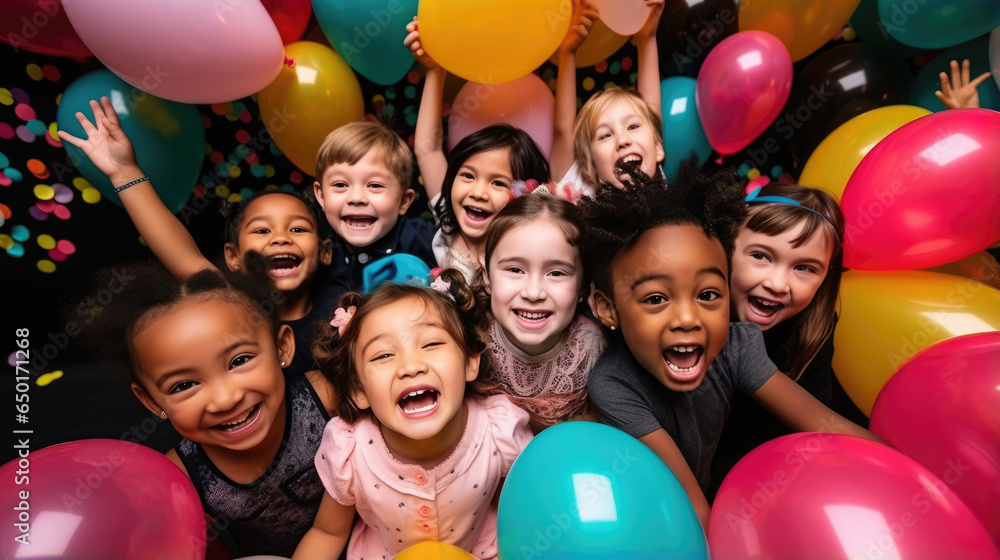 Generative AI, cheerful children of different nationalities at a holiday, birthday party, balloons, friends, kids, congratulations, joyful emotions, diversity, playroom, kindergarten, toddler, gifts - obrazy, fototapety, plakaty 