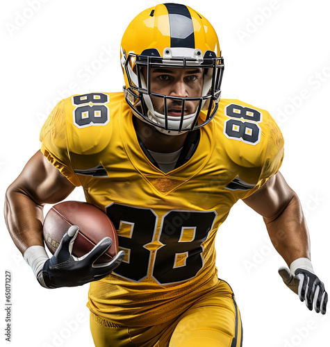 An American football player in a yellow helmet and uniform runs and holds the ball in his right hand. Isolated on a transparent background photo