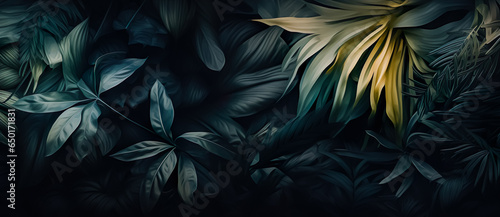  Beautiful dark botany or various tropical leaves decoration background.exotic fancy jungle nature elements.Horizontal banner