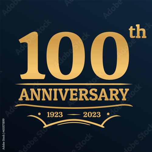 100 years anniversary golden logo, icon, label or badge. 100th jubilee, birthday celebration vintage design template. Wedding, invitation card element. Vector illustration.