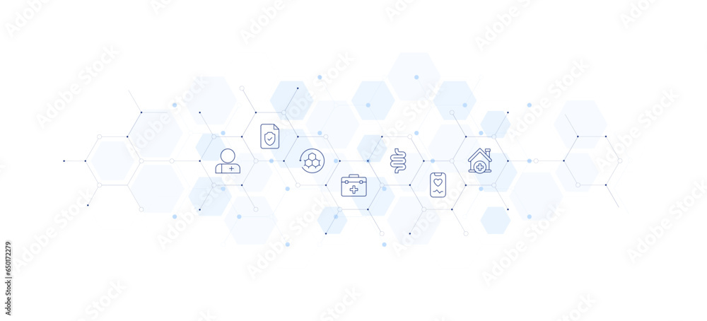 Healthcare banner vector illustration. Style of icon between. Containing doctor, doctor bag, insurance, intestine, skin regeneration, smartphone, home.