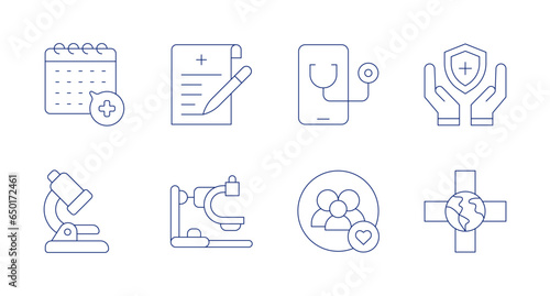 Healthcare icons. Editable stroke. Containing doctor, family, insurance, medical, registration form, schedule, test, x rays.