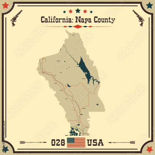 Large and accurate map of Napa County, California, USA with vintage colors.