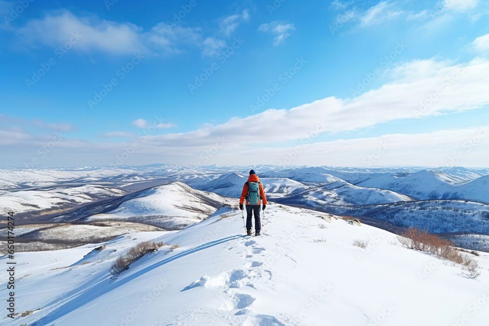 Winter hike on snowy mountain young cheerful happy hiker climbs the top. natural landscape. Winter journey.