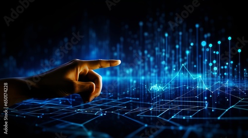 Close up of businessman hand touching with finger virtual panel with infographs photo