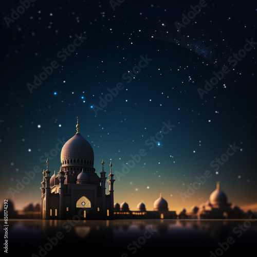 Ramadan Symbolism Mosques Dome, Crescent Moon on Dark Blue Twilight Sky and Islamic Celebratory Phrases in Arabic