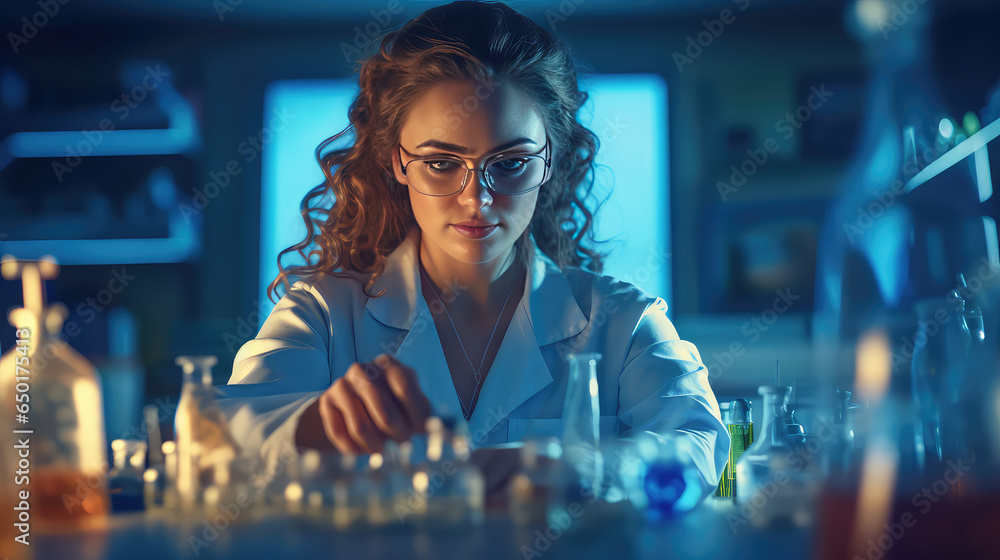 Portrait of woman working in a science lab looking at liquid in glass containers. A scientist in a white medical coat in a chemistry lab. 