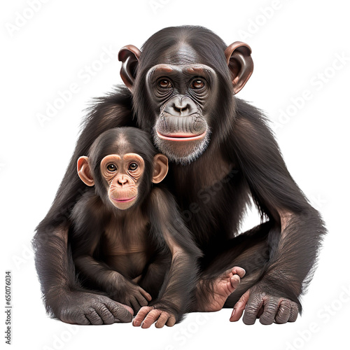 front view of chimpanzee animal with baby isolated on a white transparent background.