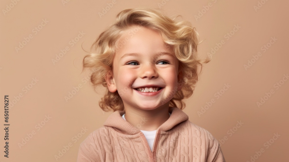 A blond boy beams with joy against a neutral backdrop. A blond boy beams with joy against a neutral backdrop.