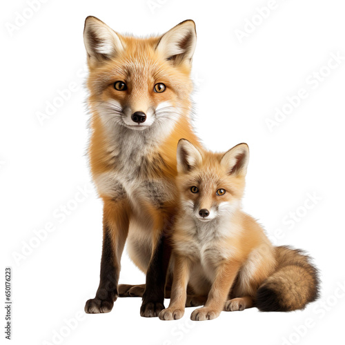 front view of fox animal with baby isolated on a white transparent background.