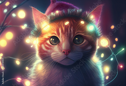 Cat in a hat close-up against the background of lights and decorations during Christmas. AI Generated