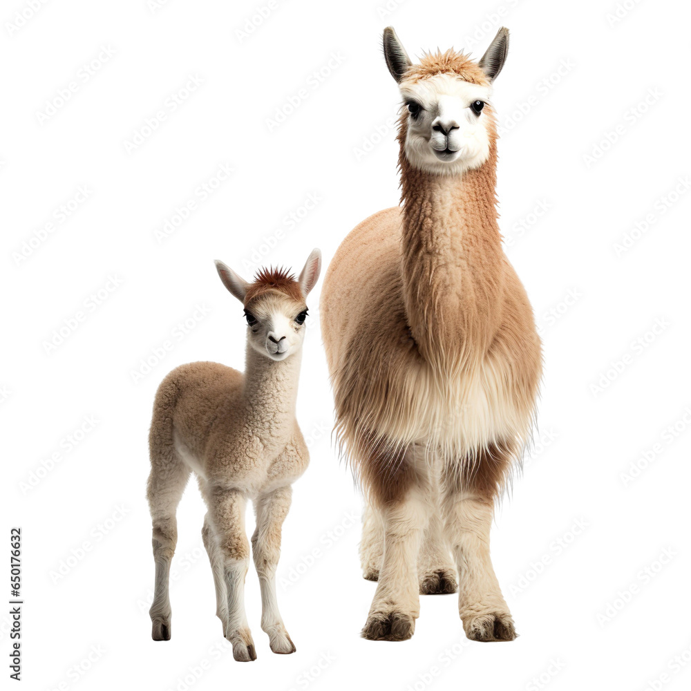 front view of llama animal with baby isolated on a white transparent background.