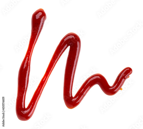 Red ketchup splashes isolated on white background. Drizzle of Barbecue sauce. Top view.