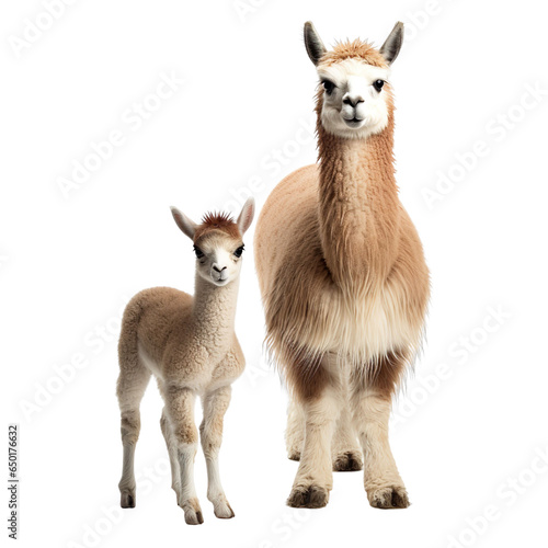 front view of llama animal with baby isolated on a white transparent background. © SuperPixel Inc