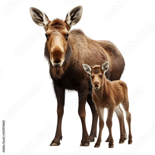 front view of moose animal with baby isolated on a white transparent background. © SuperPixel Inc