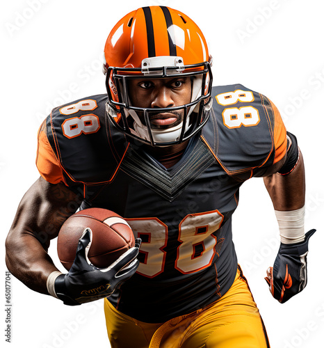 An American football player in an orange helmet and black uniform runs and holds the ball in his right hand. Isolated on a transparent background