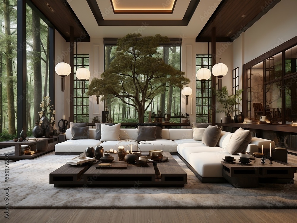 Minimalist black and white hardwood floors living room with white sofa and ceilings generative ai