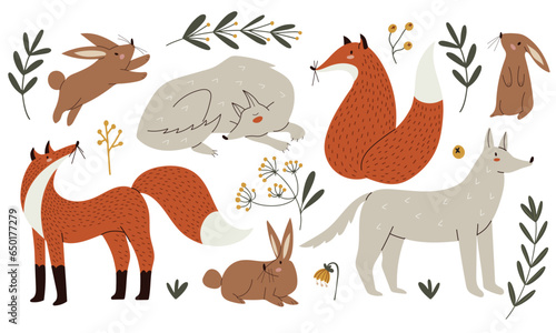 Set with cute Scandinavian style wild forest animals  rabbits  foxes  wolfs. Hand drawn vector illustration in flat design