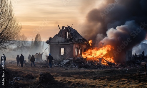 War in Ukraine. Russian bomb destroyed a residential building, killing people. Ruins of house and death - aftermath of war and russian aggression. photo