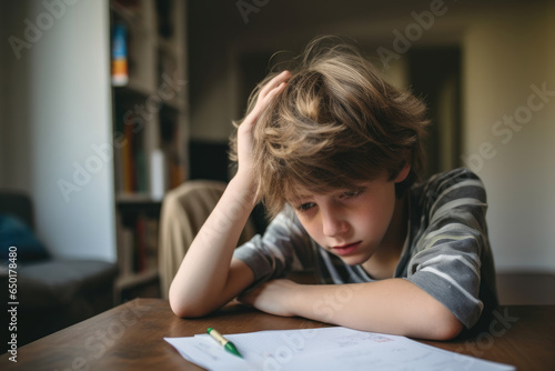 Sad tired child doing his homework. The boy struggles with reading, writing and solving math problems at home. Education, school, learning disability, reading difficulties, dyslexia concept