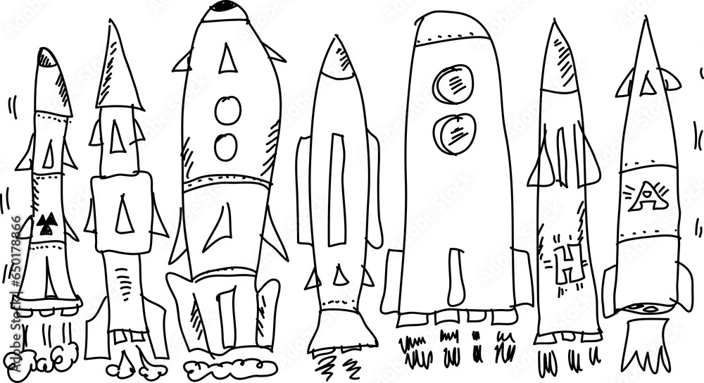Set hand drawn black pencil in in form rockets and missile, isolated on white