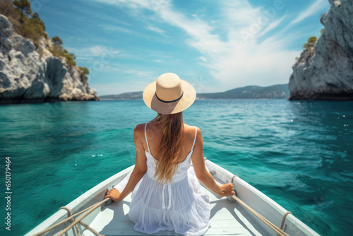 beautiful young woman in white dress sit in a boat luxury summer vacation outdoor adventure