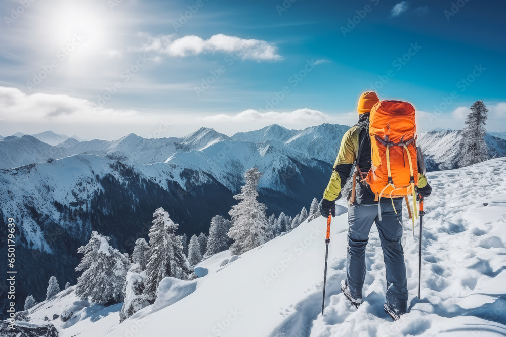 Mountaineer backcountry ski wailing in the mountains. - obrazy, fototapety, plakaty 