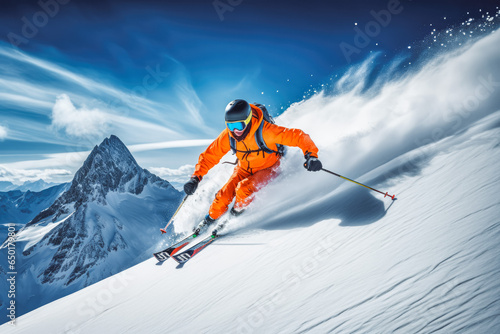 Skier skiing downhill in high mountains. © VisualProduction