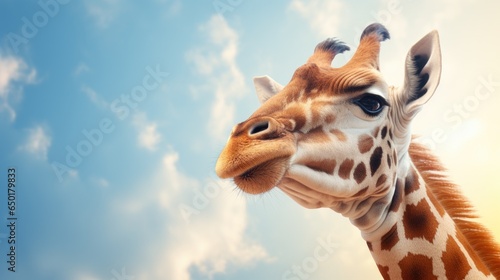 Cute giraffe head against backdrop of blue skies with white clouds. Portrait of curious animal looking at the camera.
