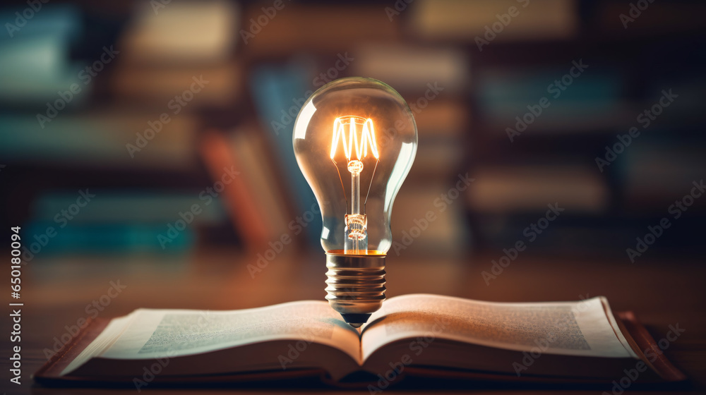 Glowing light bulb on a book, power of knowledge, wisdom from reading and learning concept. - obrazy, fototapety, plakaty 